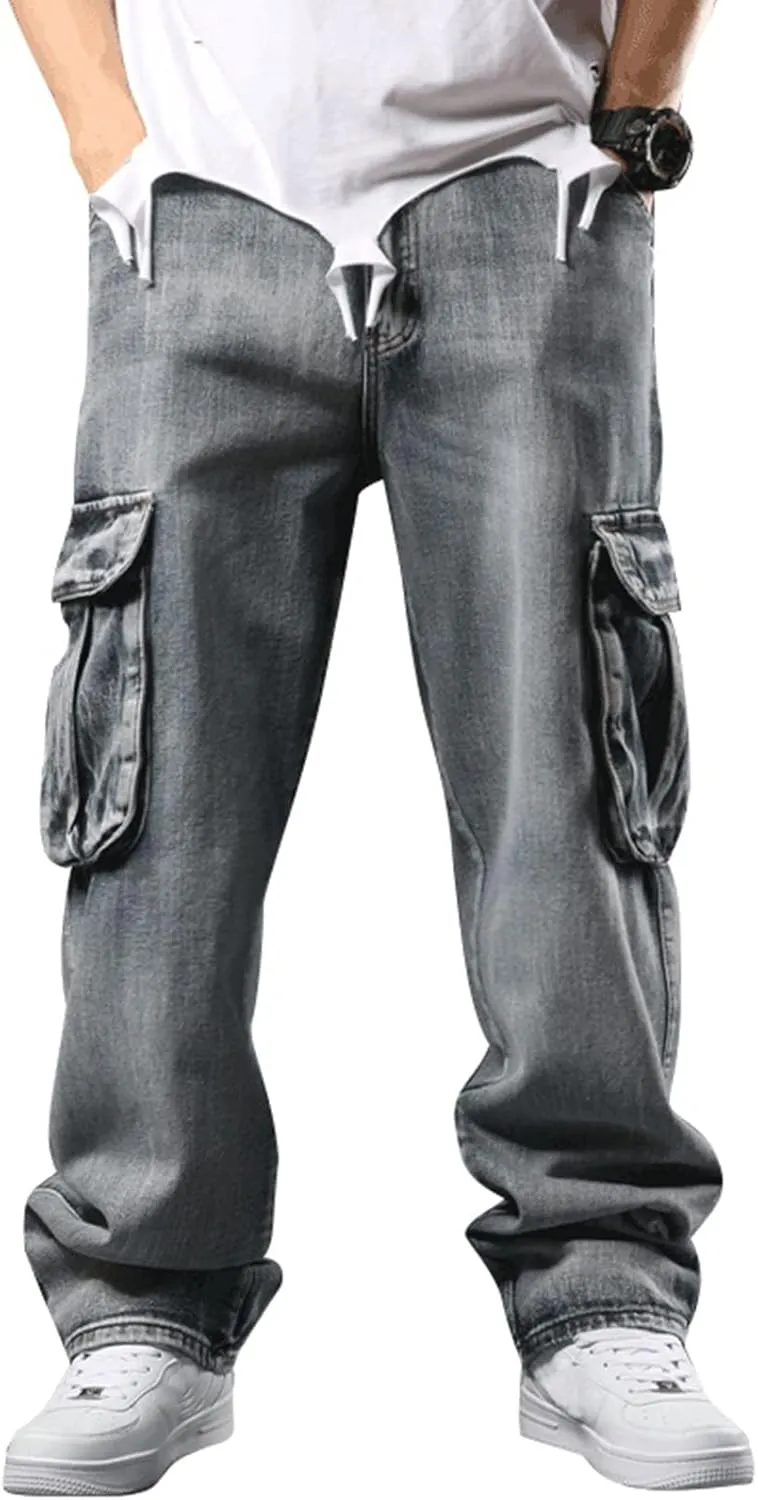 Men`s Cargo Jeans Workwear Stretchy Loose Zipper Pocket Denim Pants
