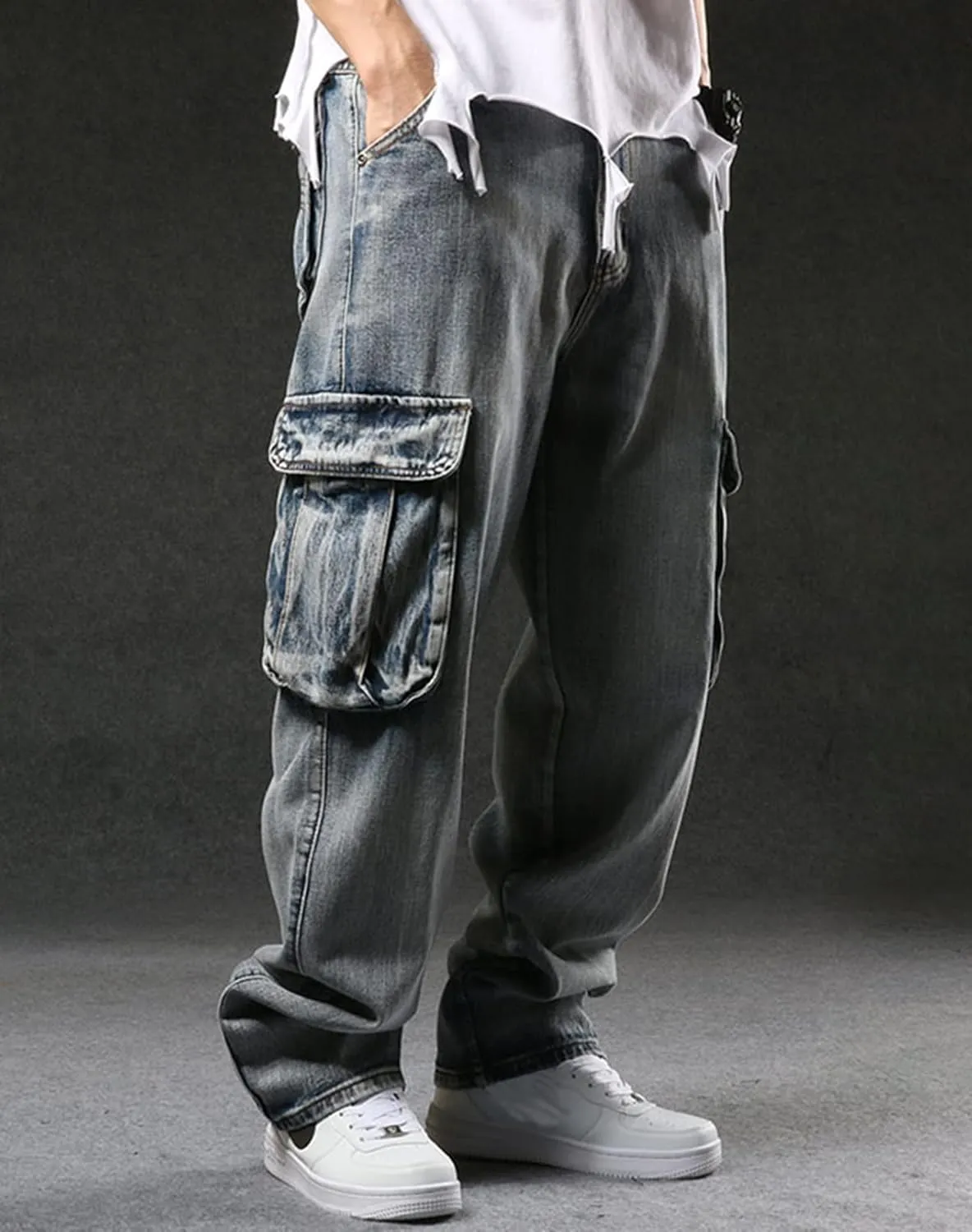 Men`s Cargo Jeans Workwear Stretchy Loose Zipper Pocket Denim Pants