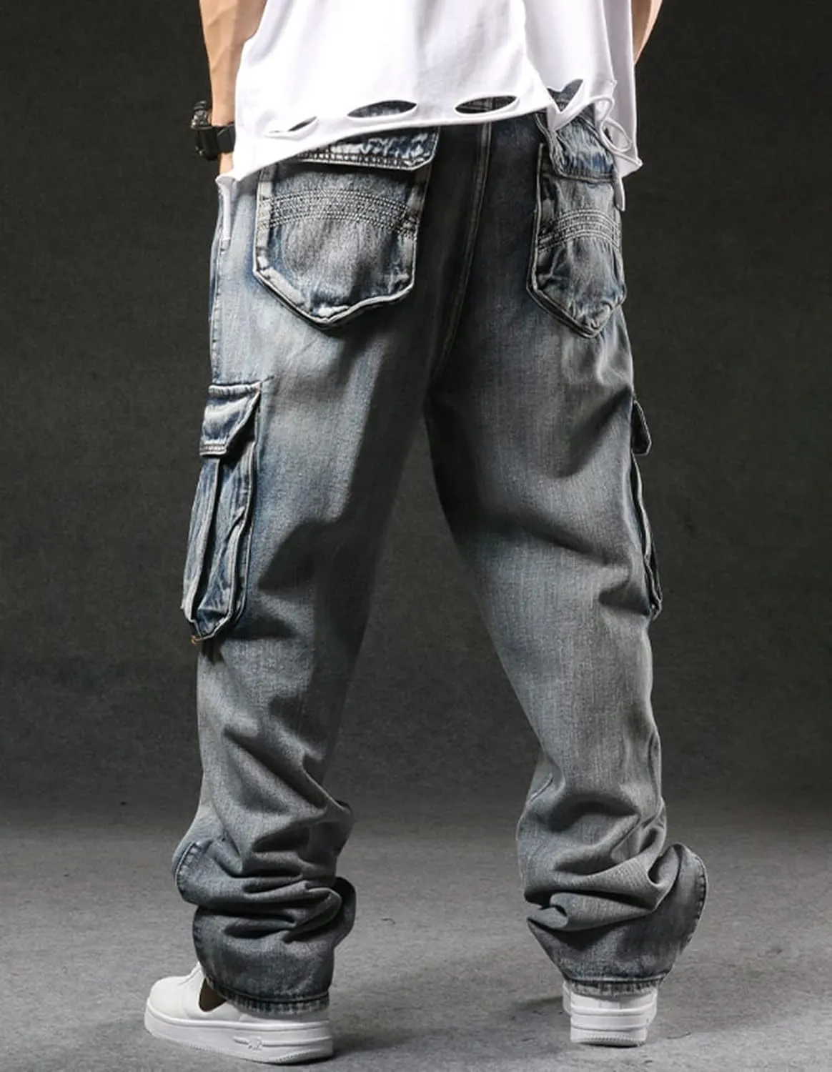 Men`s Cargo Jeans Workwear Stretchy Loose Zipper Pocket Denim Pants