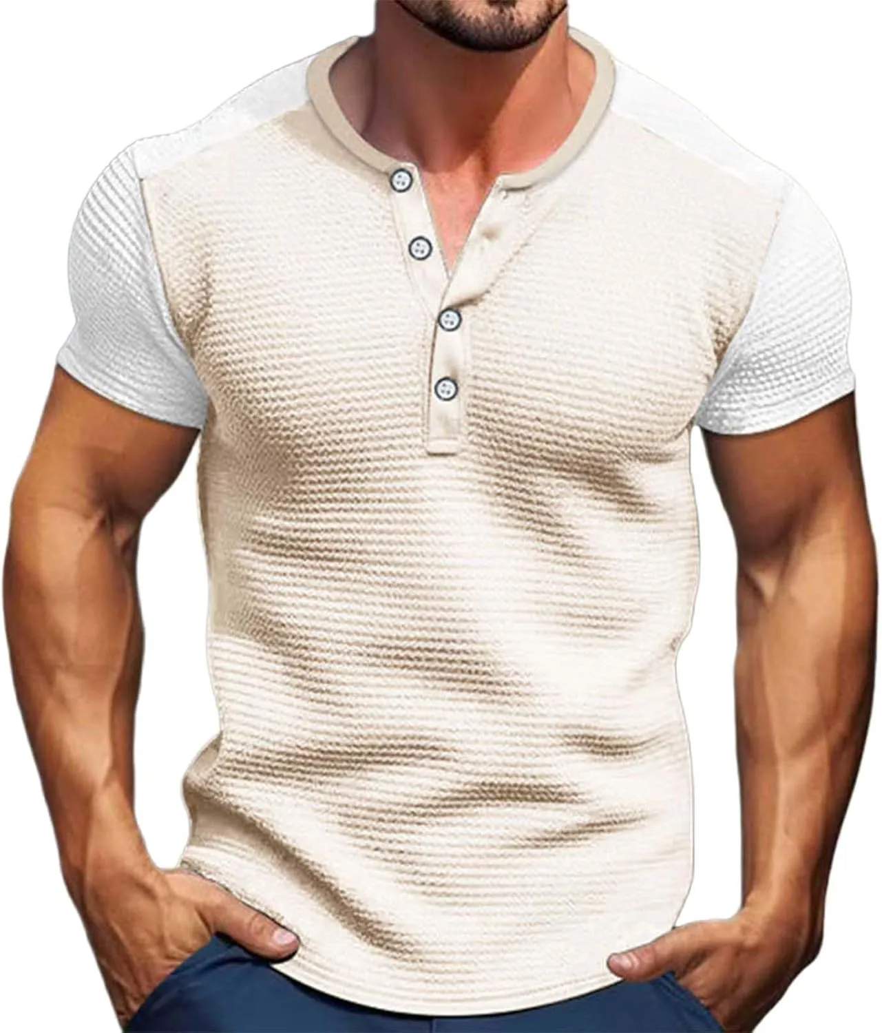 Men's Color Block Waffle Knit Henley Shirt Short Sleeve Button Down Round Neck Vacation Wear Breathable Holiday Stylish Top