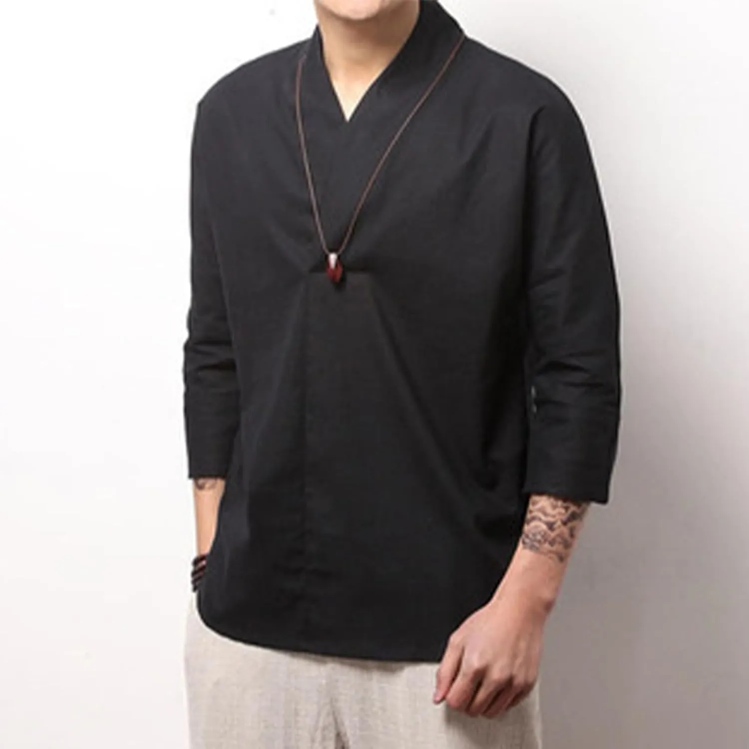 Men's Linen 3/4 Sleeve Shirts V Neck T-Shirt Summer Lightweight Breathable Thin Pullover Casual Loose Tops