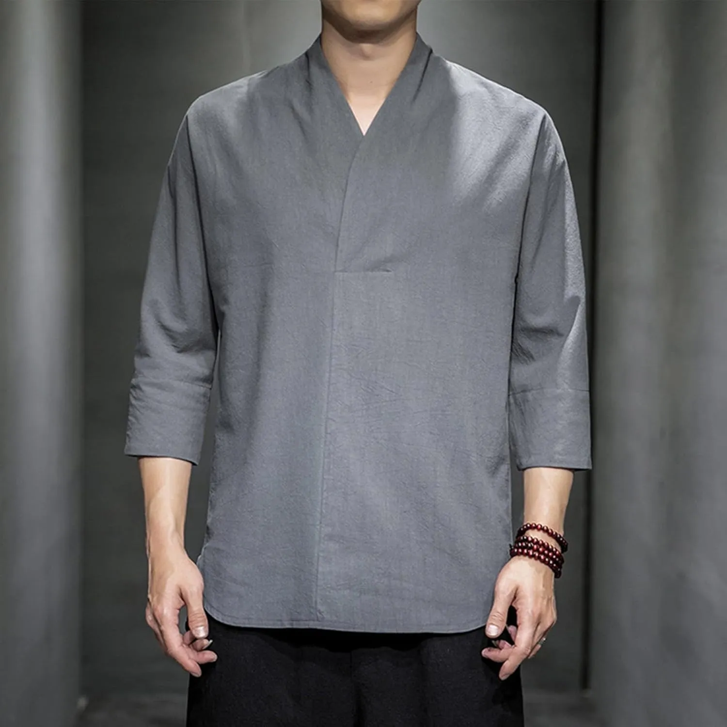 Men's Linen 3/4 Sleeve Shirts V Neck T-Shirt Summer Lightweight Breathable Thin Pullover Casual Loose Tops