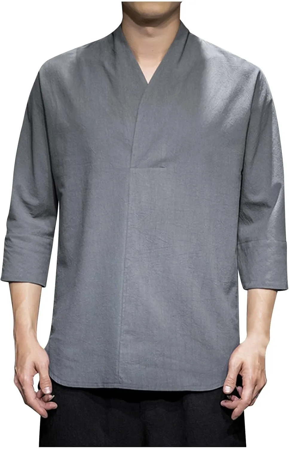 Men's Linen 3/4 Sleeve Shirts V Neck T-Shirt Summer Lightweight Breathable Thin Pullover Casual Loose Tops