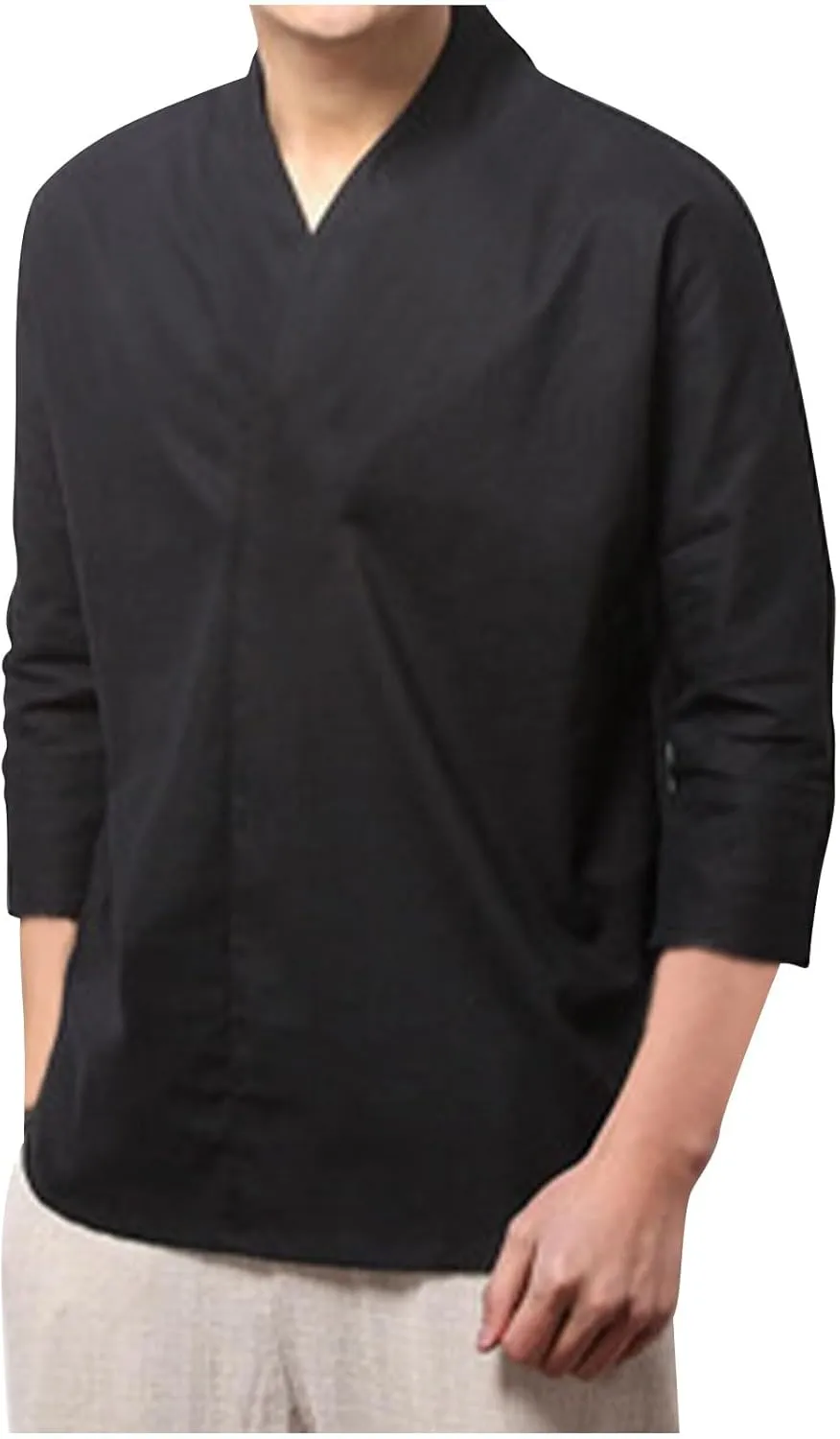 Men's Linen 3/4 Sleeve Shirts V Neck T-Shirt Summer Lightweight Breathable Thin Pullover Casual Loose Tops
