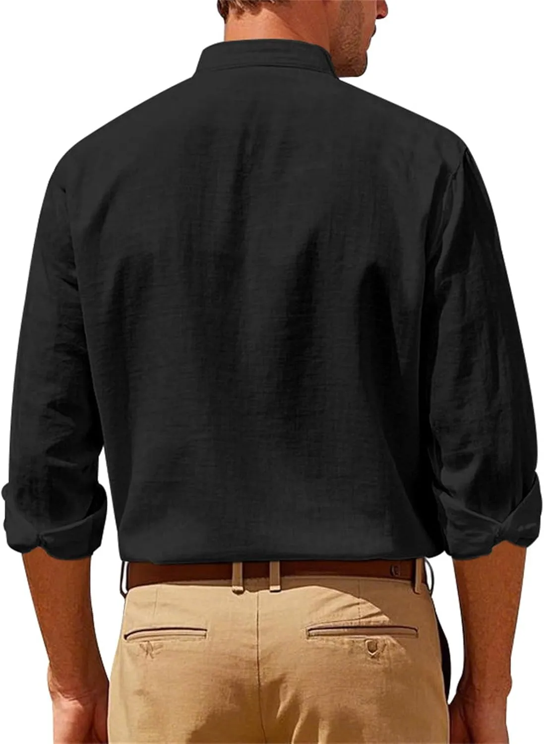 Men's Linen Shirts Long Sleeve Casual T-Shirt Stand Collar Breathable Top Summer Beach Shirt for Men