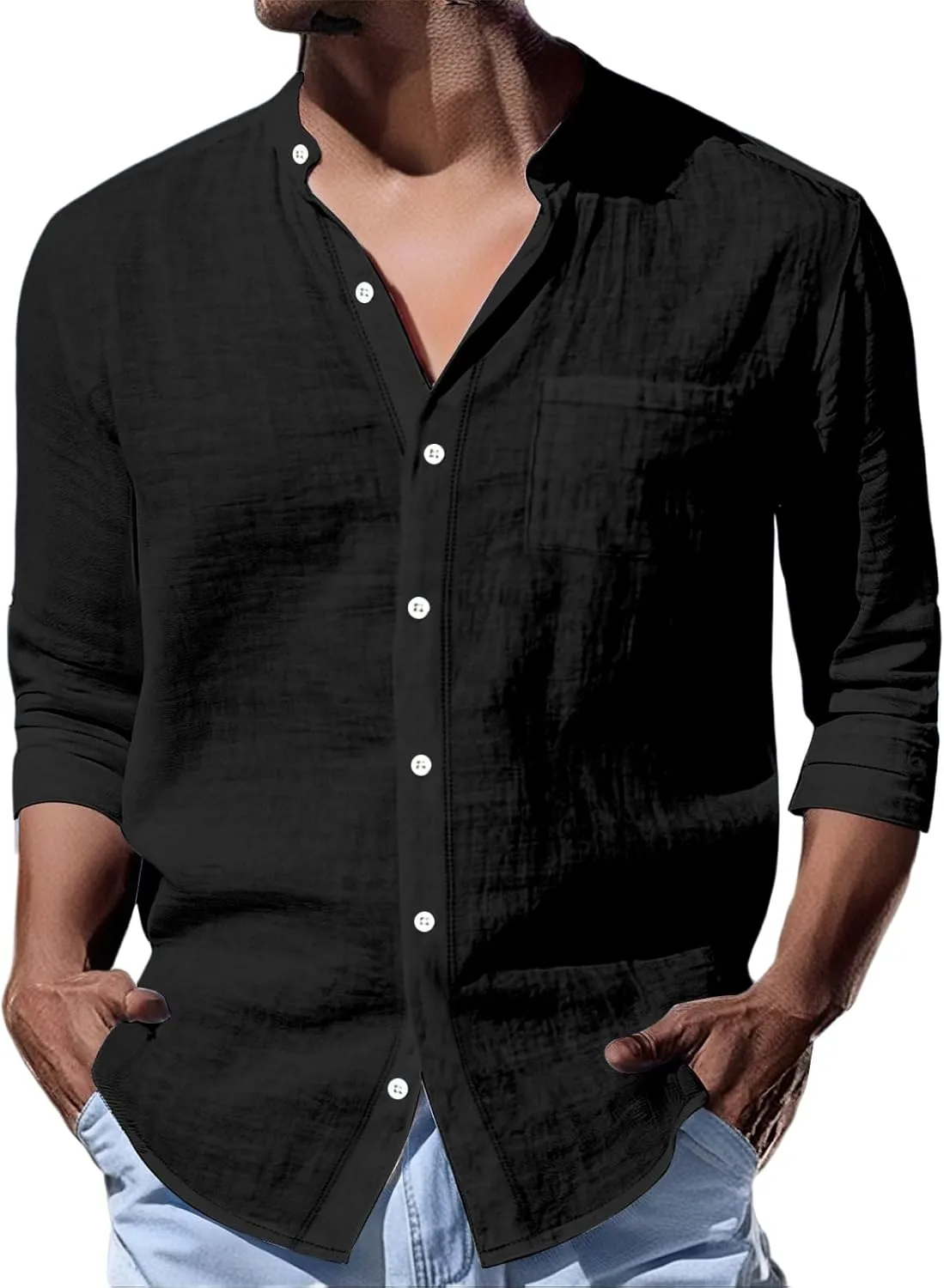 Men's Linen Shirts Long Sleeve Casual T-Shirt Stand Collar Breathable Top Summer Beach Shirt for Men