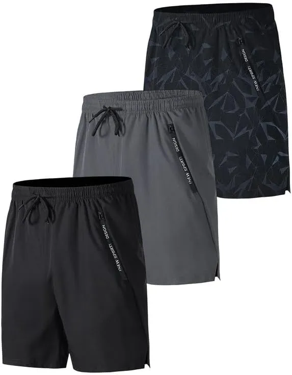Men's Quick-Dry Gym Shorts 3Pack Comfortable Athletic Running Shorts with Zipper Pockets for Basketball, Training