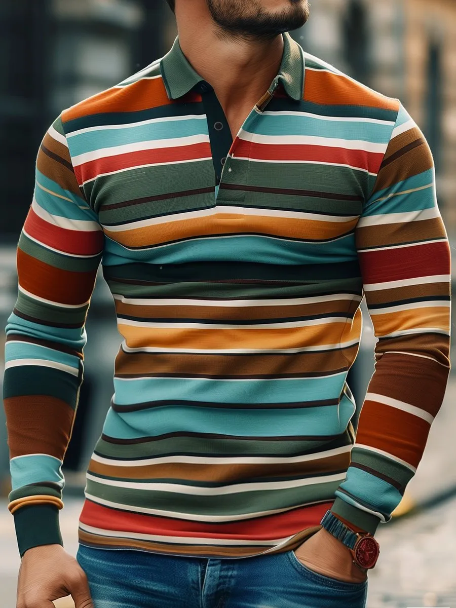 Men's Retro Contrast Stripe Print Long Sleeve Polo Shirt