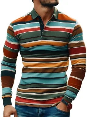 Men's Retro Contrast Stripe Print Long Sleeve Polo Shirt
