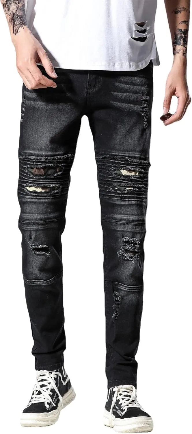 Men's Ripped Straight Holes Hip Hop Biker Stretchy Jeans