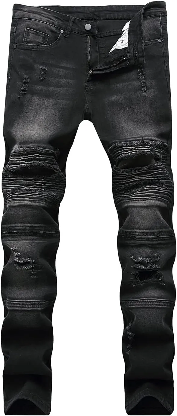 Men's Ripped Straight Holes Hip Hop Biker Stretchy Jeans