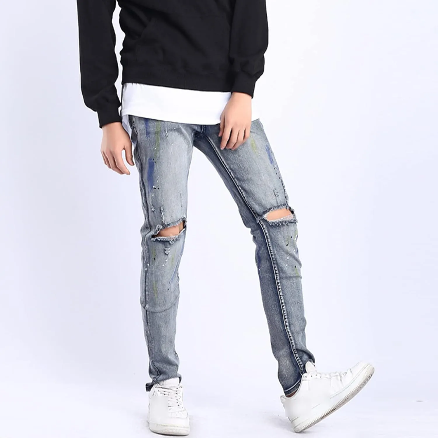 Men's Stretch Jeans with Holes in Knees Destroyed Taper Fit Colored Jeans Stretchy Ripped Skinny Biker Jeans
