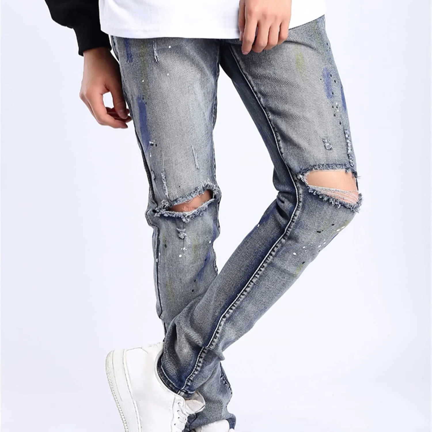 Men's Stretch Jeans with Holes in Knees Destroyed Taper Fit Colored Jeans Stretchy Ripped Skinny Biker Jeans