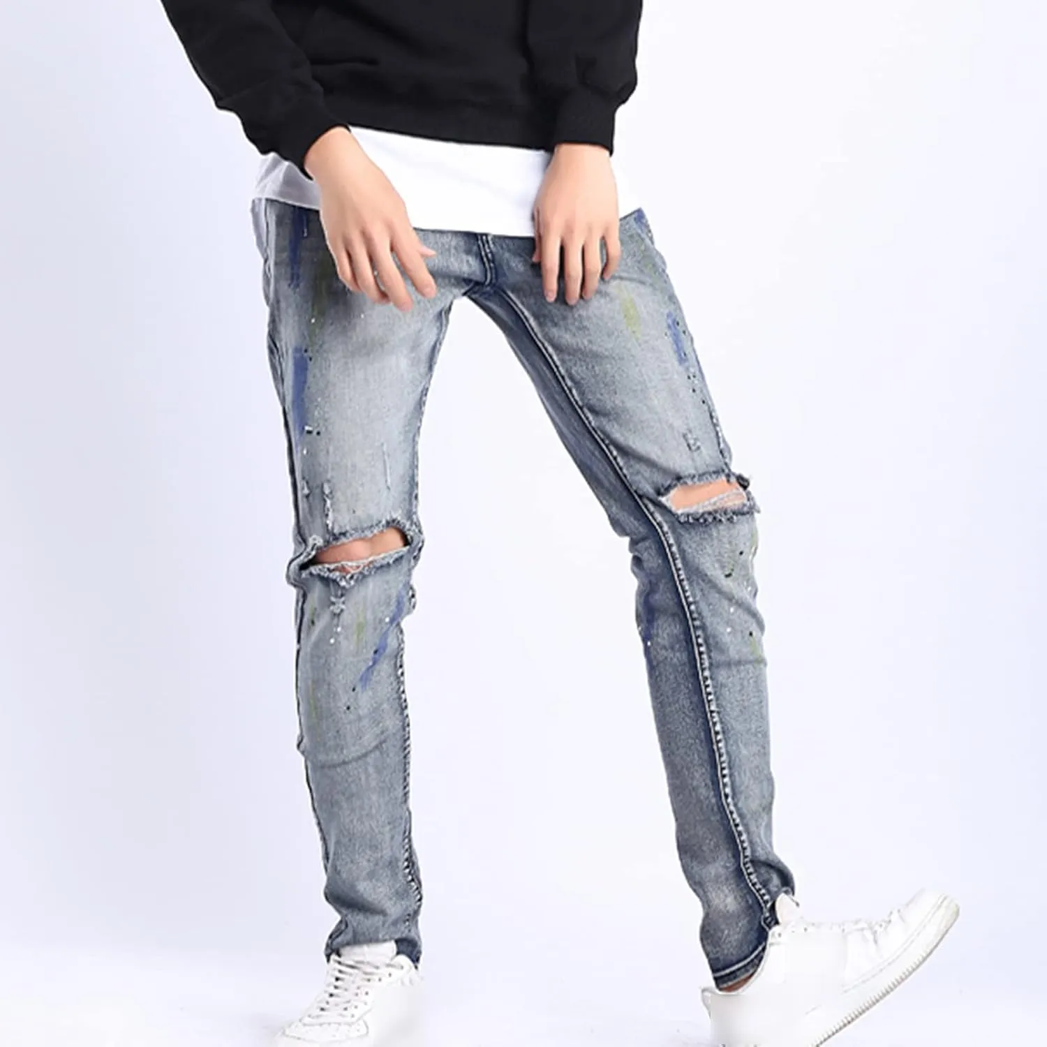 Men's Stretch Jeans with Holes in Knees Destroyed Taper Fit Colored Jeans Stretchy Ripped Skinny Biker Jeans