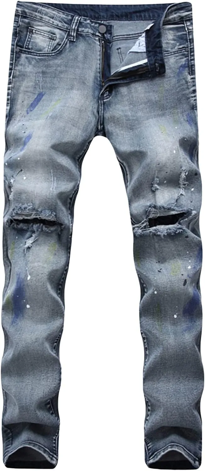 Men's Stretch Jeans with Holes in Knees Destroyed Taper Fit Colored Jeans Stretchy Ripped Skinny Biker Jeans