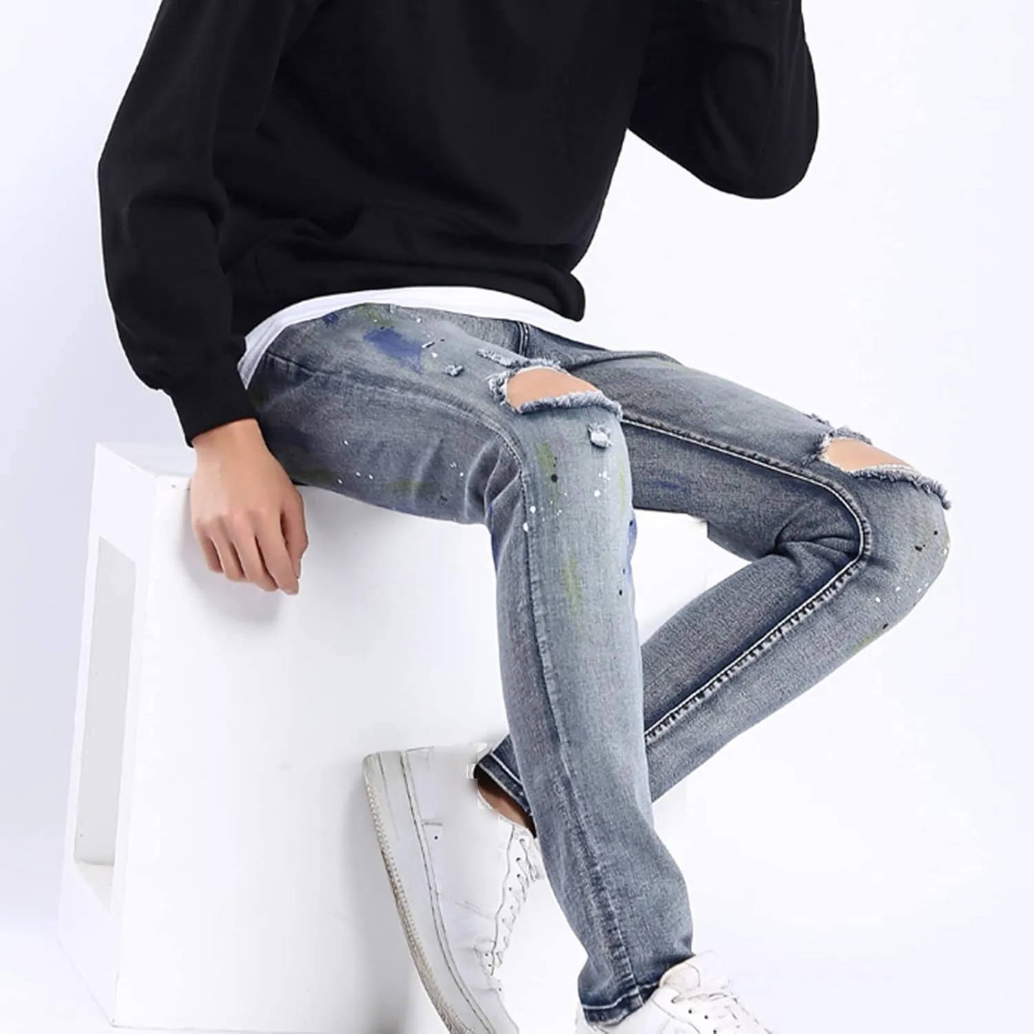 Men's Stretch Jeans with Holes in Knees Destroyed Taper Fit Colored Jeans Stretchy Ripped Skinny Biker Jeans
