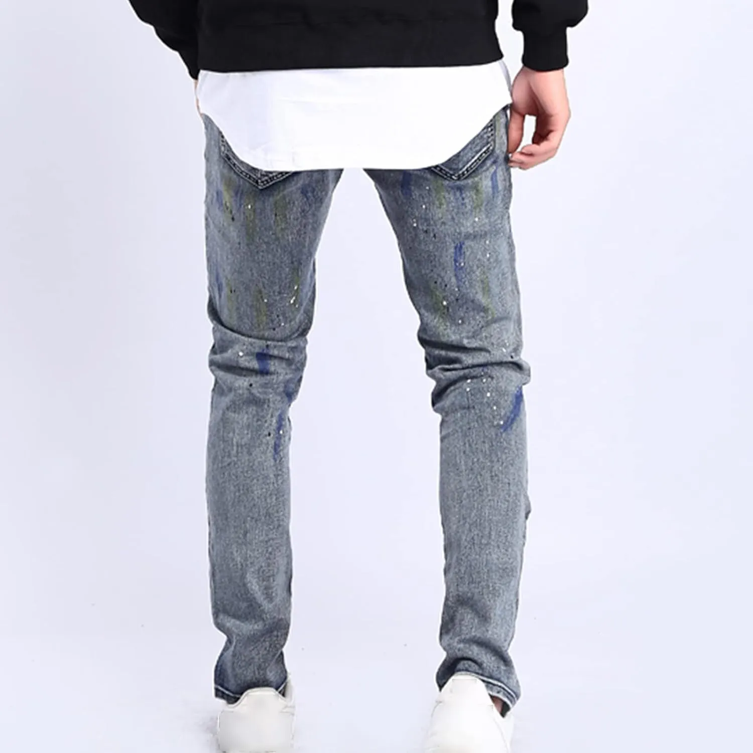 Men's Stretch Jeans with Holes in Knees Destroyed Taper Fit Colored Jeans Stretchy Ripped Skinny Biker Jeans