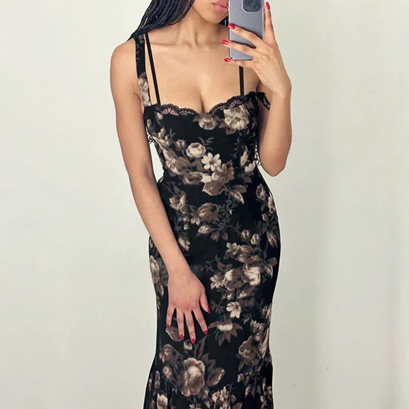 Metaversmall Vintage Fashion Elegant Long Dress Women Lace Trim Trumpet Flowers Printing Y2K Summer Dresses Bodycon Sundress Chic