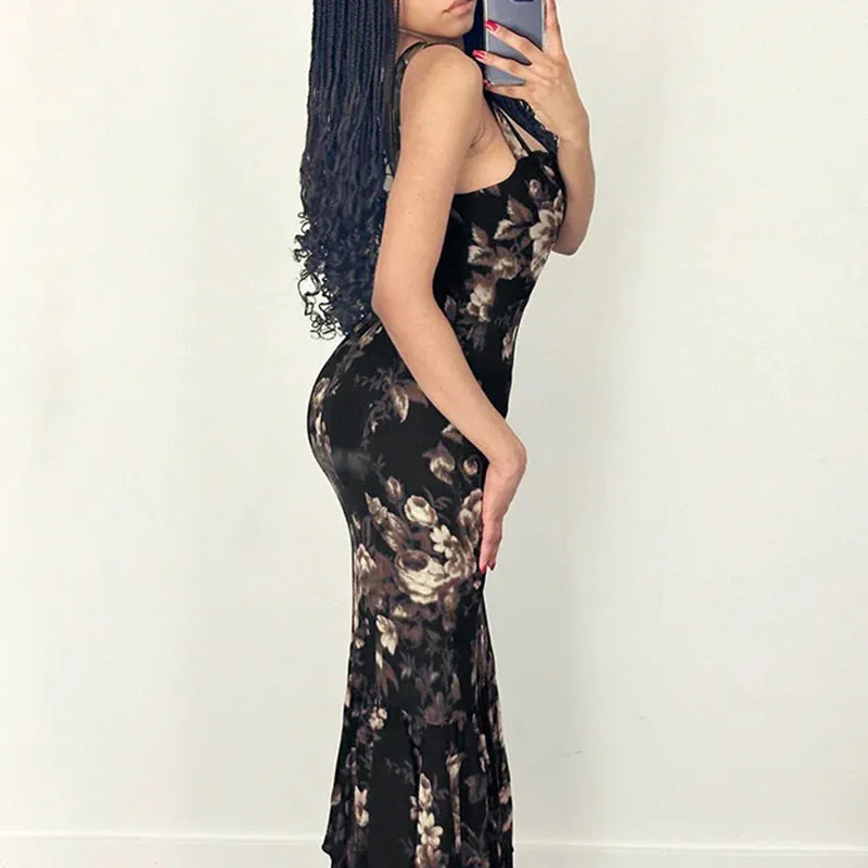 Metaversmall Vintage Fashion Elegant Long Dress Women Lace Trim Trumpet Flowers Printing Y2K Summer Dresses Bodycon Sundress Chic
