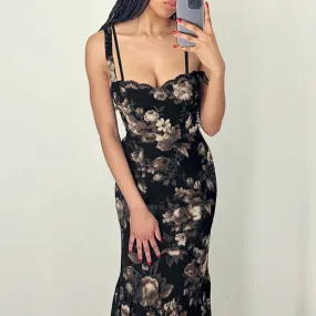 Metaversmall Vintage Fashion Elegant Long Dress Women Lace Trim Trumpet Flowers Printing Y2K Summer Dresses Bodycon Sundress Chic