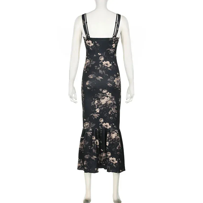 Metaversmall Vintage Fashion Elegant Long Dress Women Lace Trim Trumpet Flowers Printing Y2K Summer Dresses Bodycon Sundress Chic