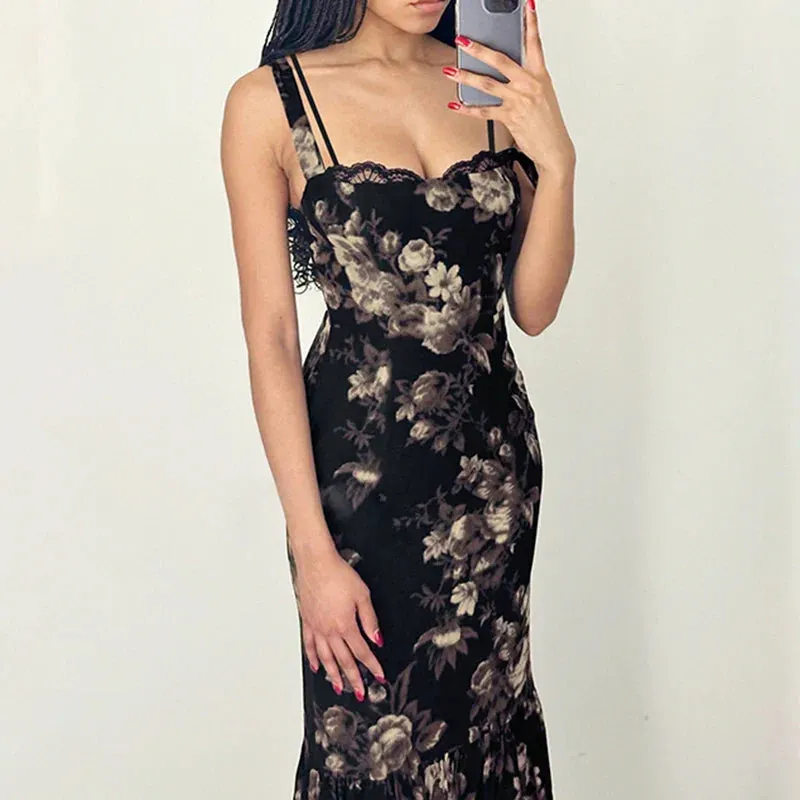 Metaversmall Vintage Fashion Elegant Long Dress Women Lace Trim Trumpet Flowers Printing Y2K Summer Dresses Bodycon Sundress Chic