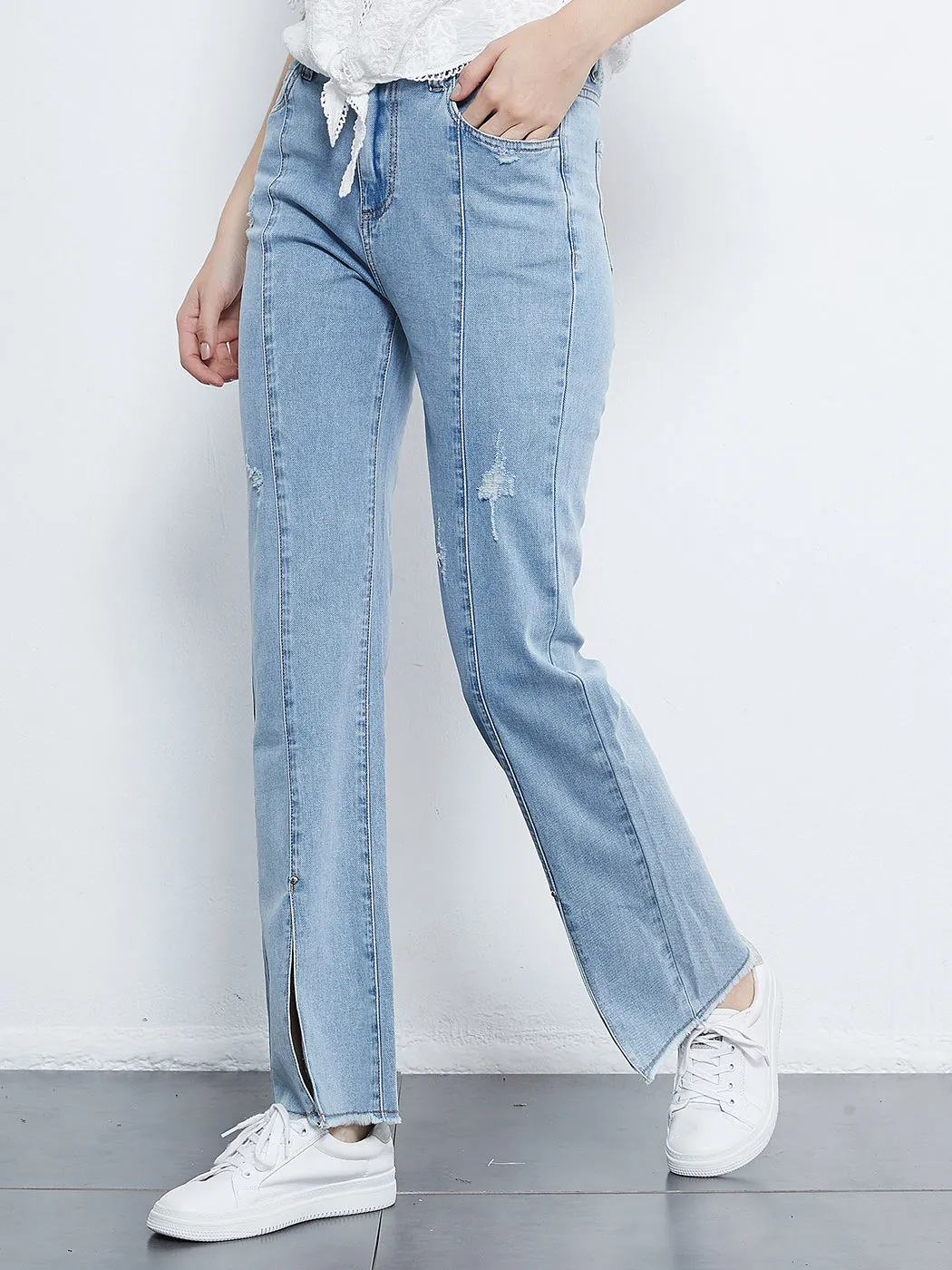 Mid Rise Slit Stretchy Straight Leg Jeans Pants with 5 Pockets