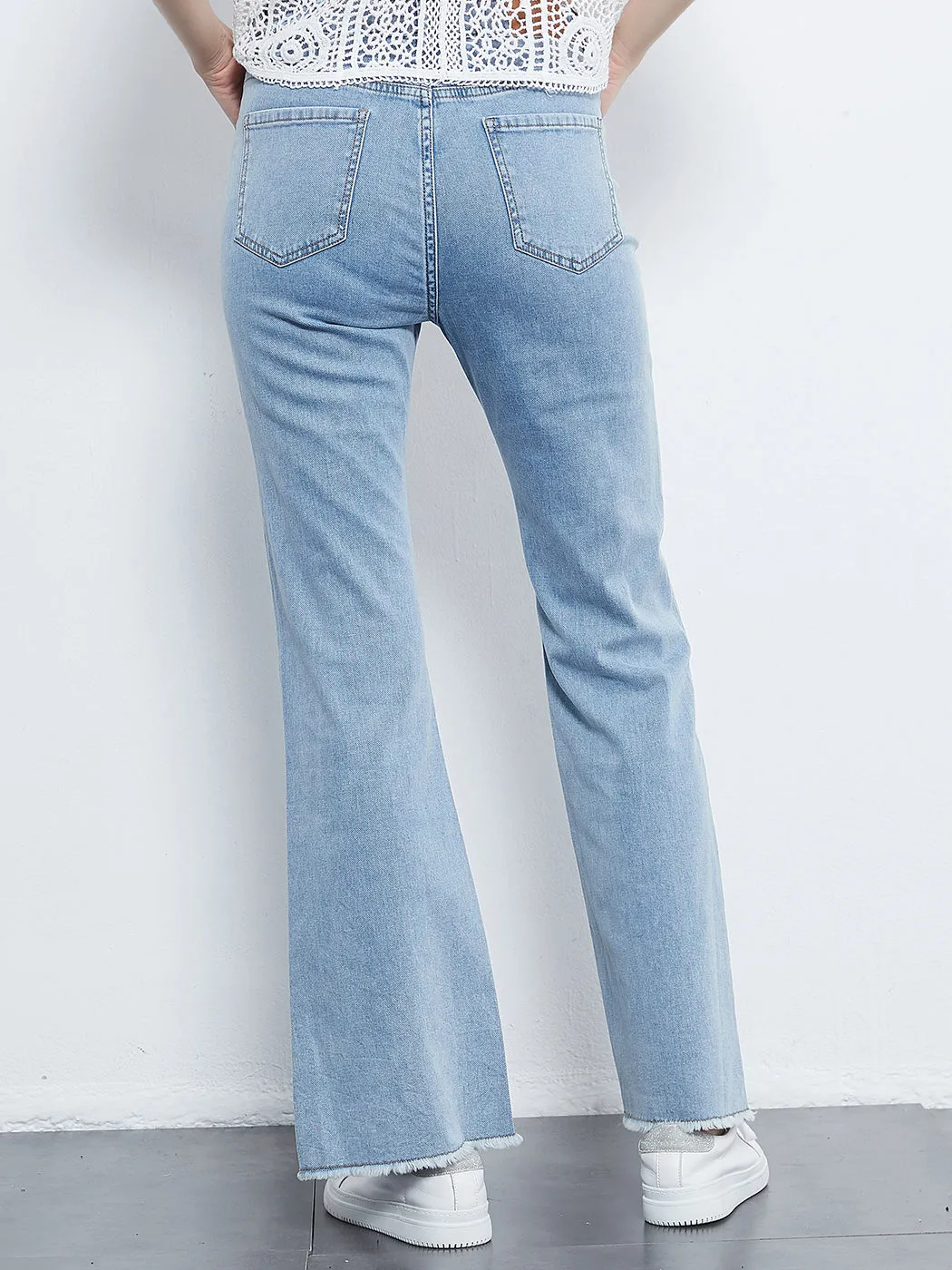 Mid Rise Slit Stretchy Straight Leg Jeans Pants with 5 Pockets