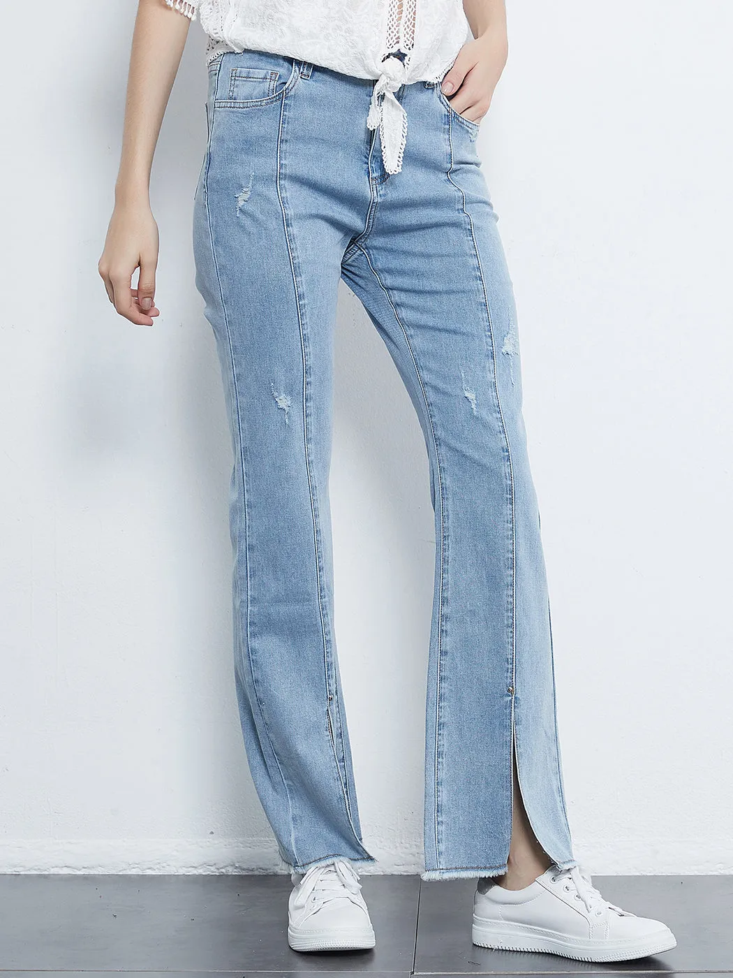Mid Rise Slit Stretchy Straight Leg Jeans Pants with 5 Pockets
