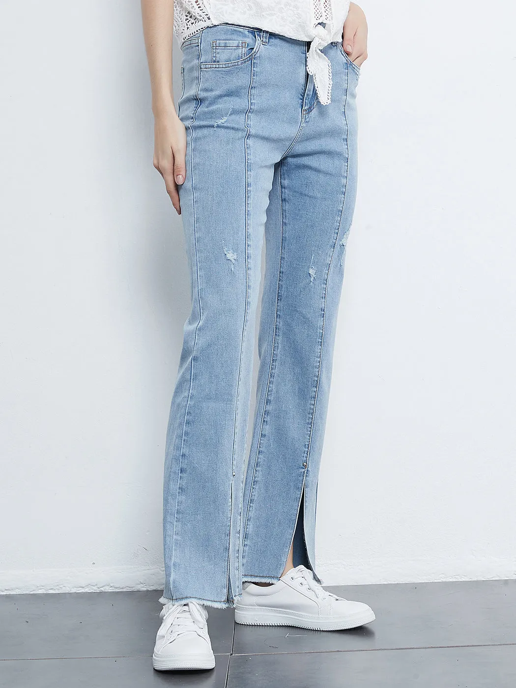 Mid Rise Slit Stretchy Straight Leg Jeans Pants with 5 Pockets