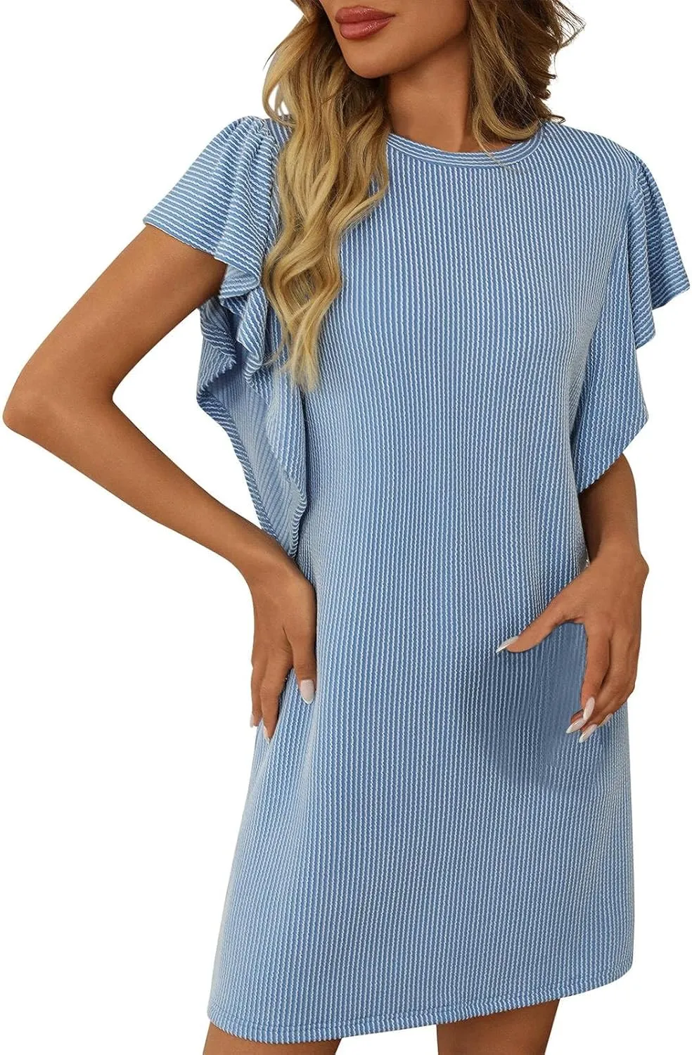 Midi Dress for Women Ruffle Cap Sleeve Quilted Dresses Crew Neck Casual Comfort Sundresses Soft Smooth Beach Beachwear