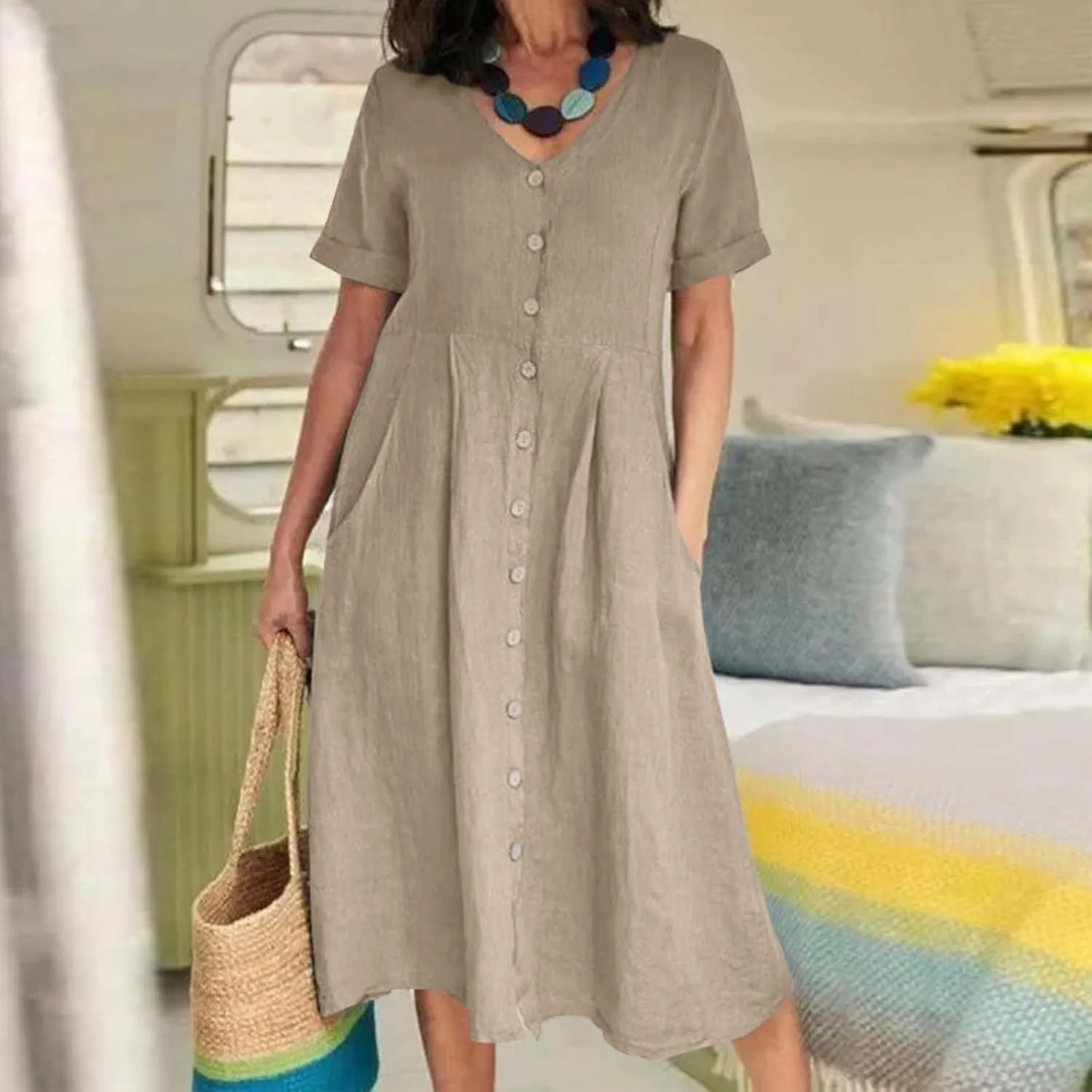 Midi Dresses for Women Casual Solid Button Down Long Dress with Pockets Loose V Neck Short Sleeve Summer Dresses