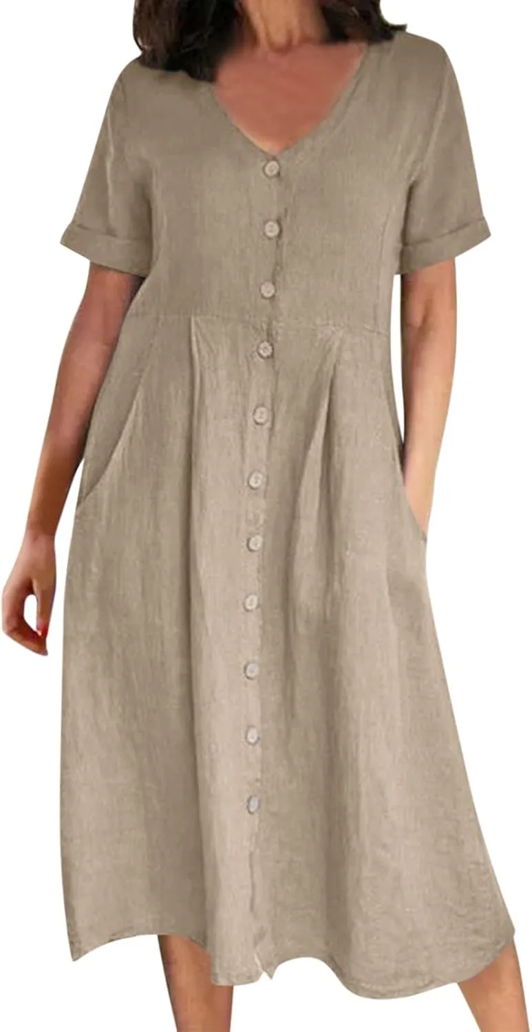 Midi Dresses for Women Casual Solid Button Down Long Dress with Pockets Loose V Neck Short Sleeve Summer Dresses