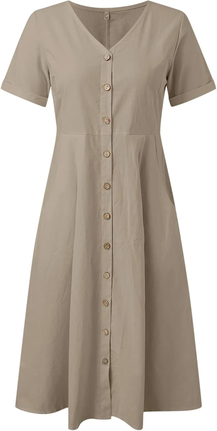 Midi Dresses for Women Casual Solid Button Down Long Dress with Pockets Loose V Neck Short Sleeve Summer Dresses