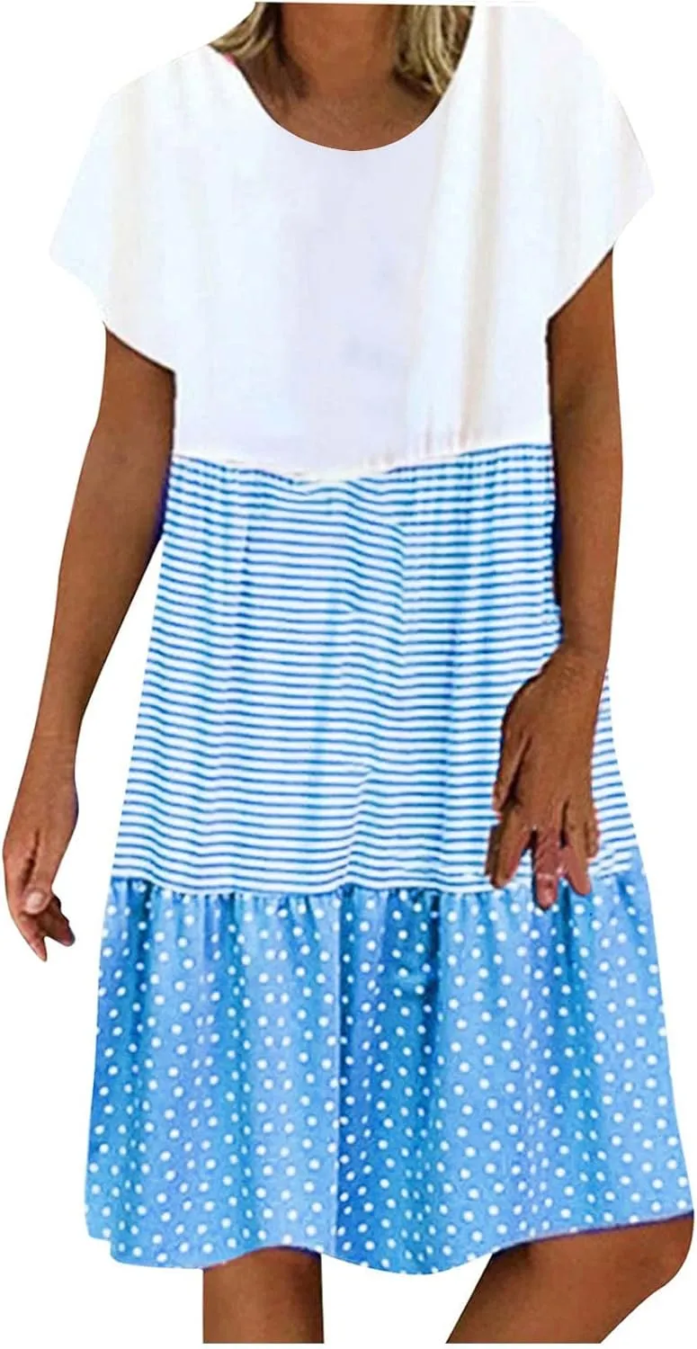 Midi Dresses for Women Loose Short Sleeve Summer Dress Polka Dot Stripe Colorblock Casual Dress Flowy Beach Sundress