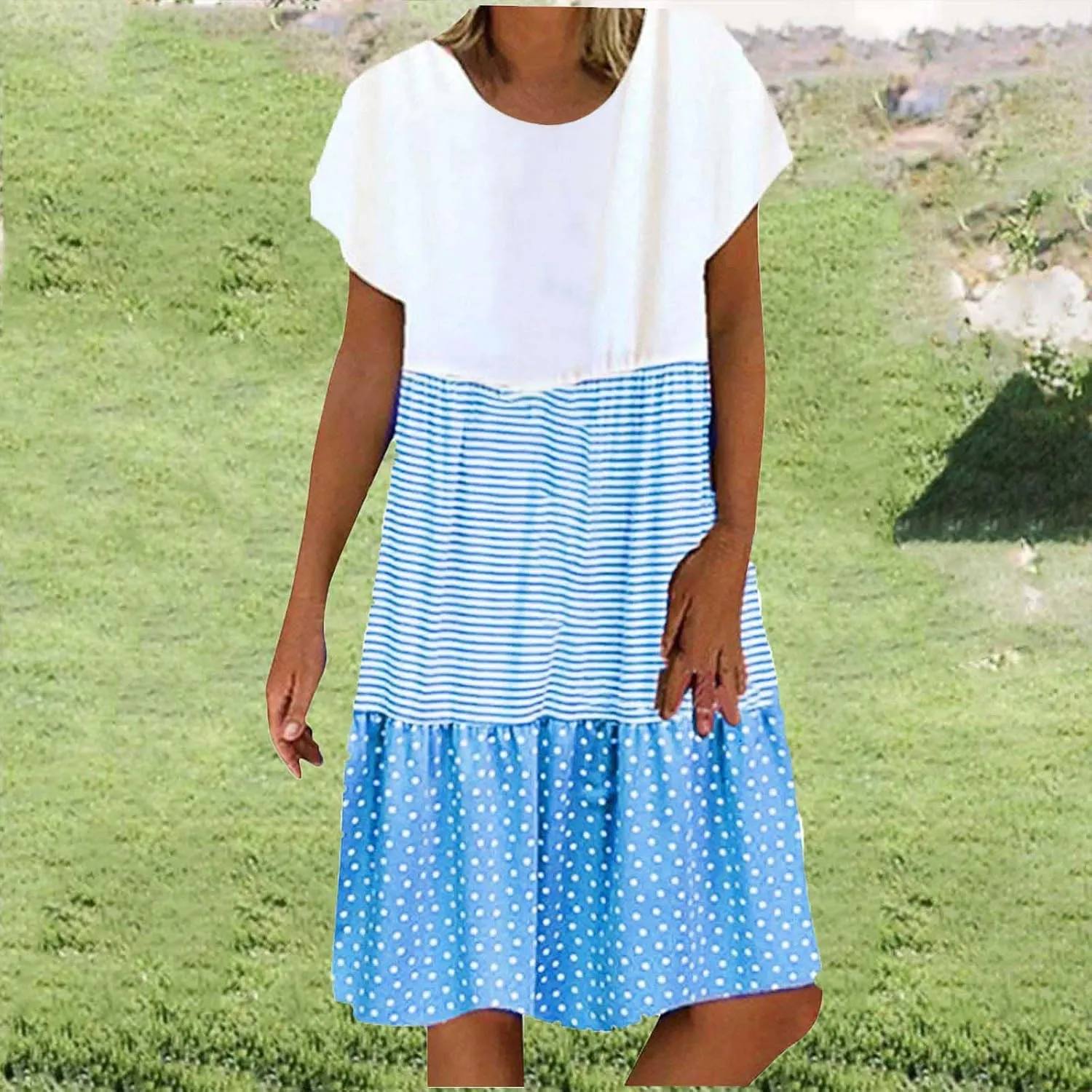Midi Dresses for Women Loose Short Sleeve Summer Dress Polka Dot Stripe Colorblock Casual Dress Flowy Beach Sundress
