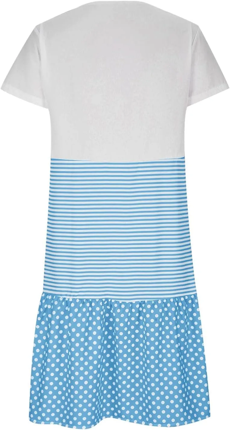 Midi Dresses for Women Loose Short Sleeve Summer Dress Polka Dot Stripe Colorblock Casual Dress Flowy Beach Sundress