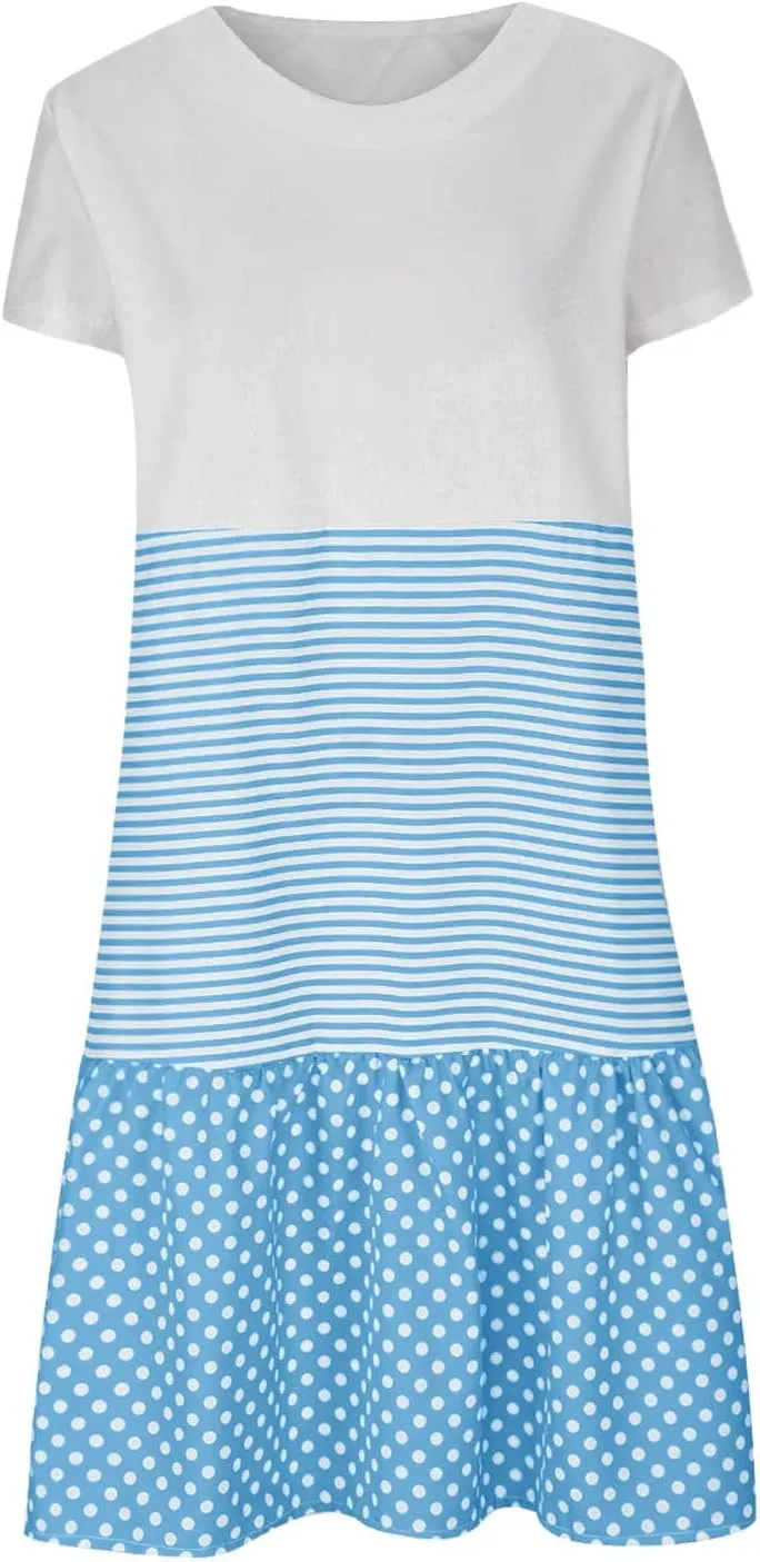 Midi Dresses for Women Loose Short Sleeve Summer Dress Polka Dot Stripe Colorblock Casual Dress Flowy Beach Sundress