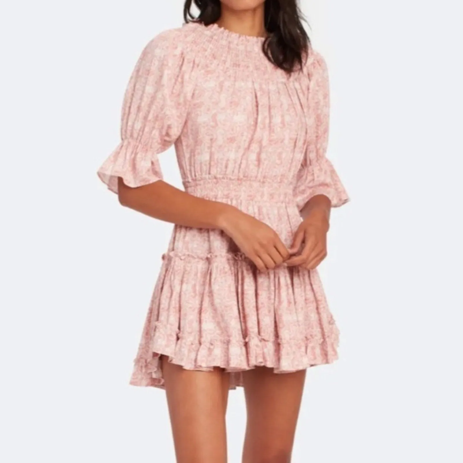 Misa x Revolve Darla Smocked Off Shoulder Tiered Ruffle Mini Dress (Large)
