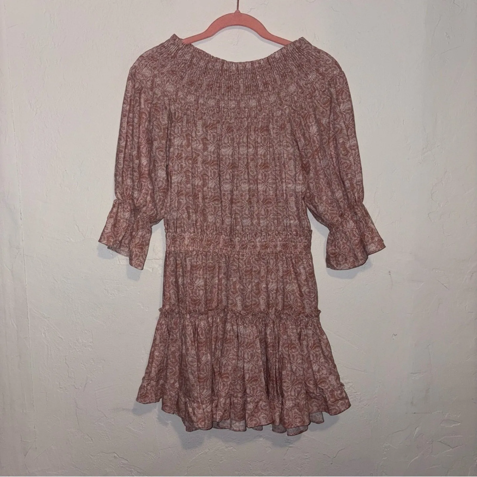 Misa x Revolve Darla Smocked Off Shoulder Tiered Ruffle Mini Dress (Large)