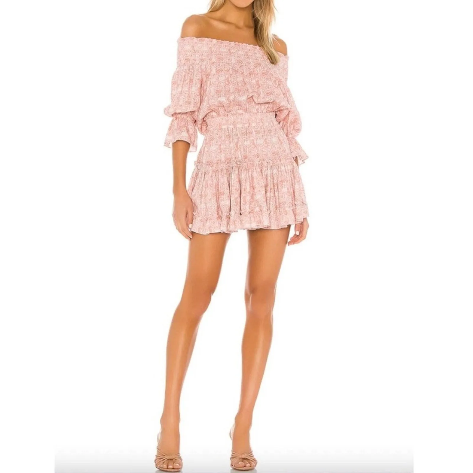 Misa x Revolve Darla Smocked Off Shoulder Tiered Ruffle Mini Dress (Large)