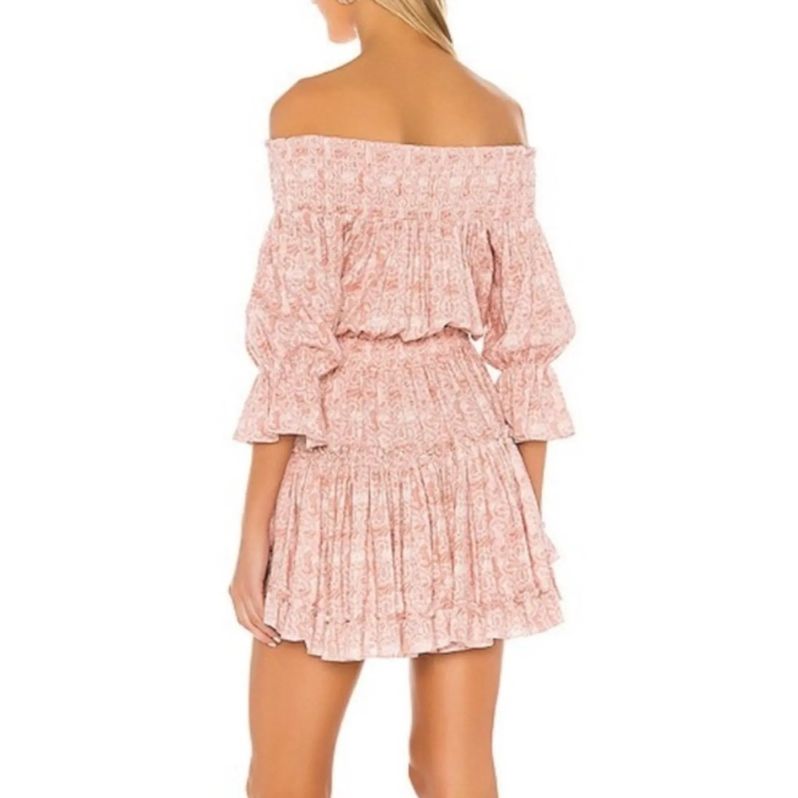 Misa x Revolve Darla Smocked Off Shoulder Tiered Ruffle Mini Dress (Large)