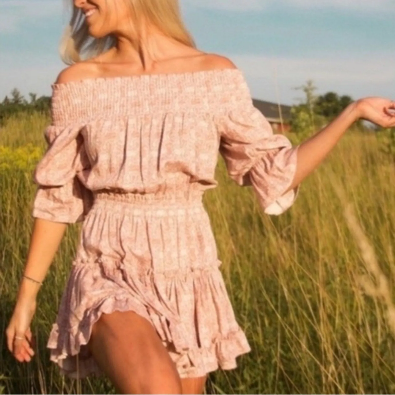 Misa x Revolve Darla Smocked Off Shoulder Tiered Ruffle Mini Dress (Large)