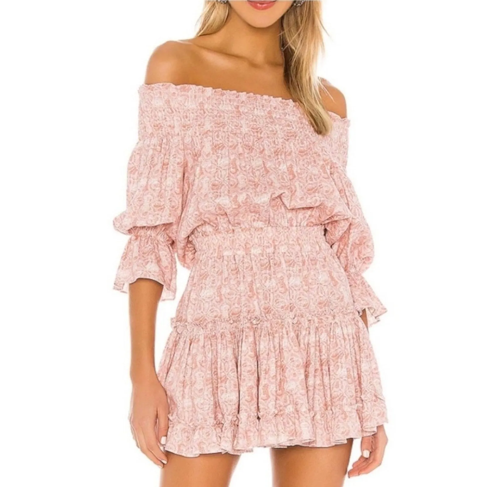 Misa x Revolve Darla Smocked Off Shoulder Tiered Ruffle Mini Dress (Large)