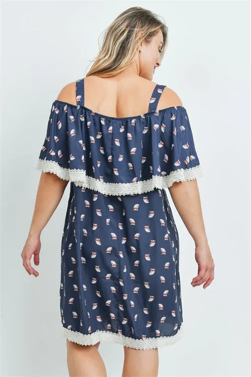 Navy Blue Owl Print Plus Size Dress
