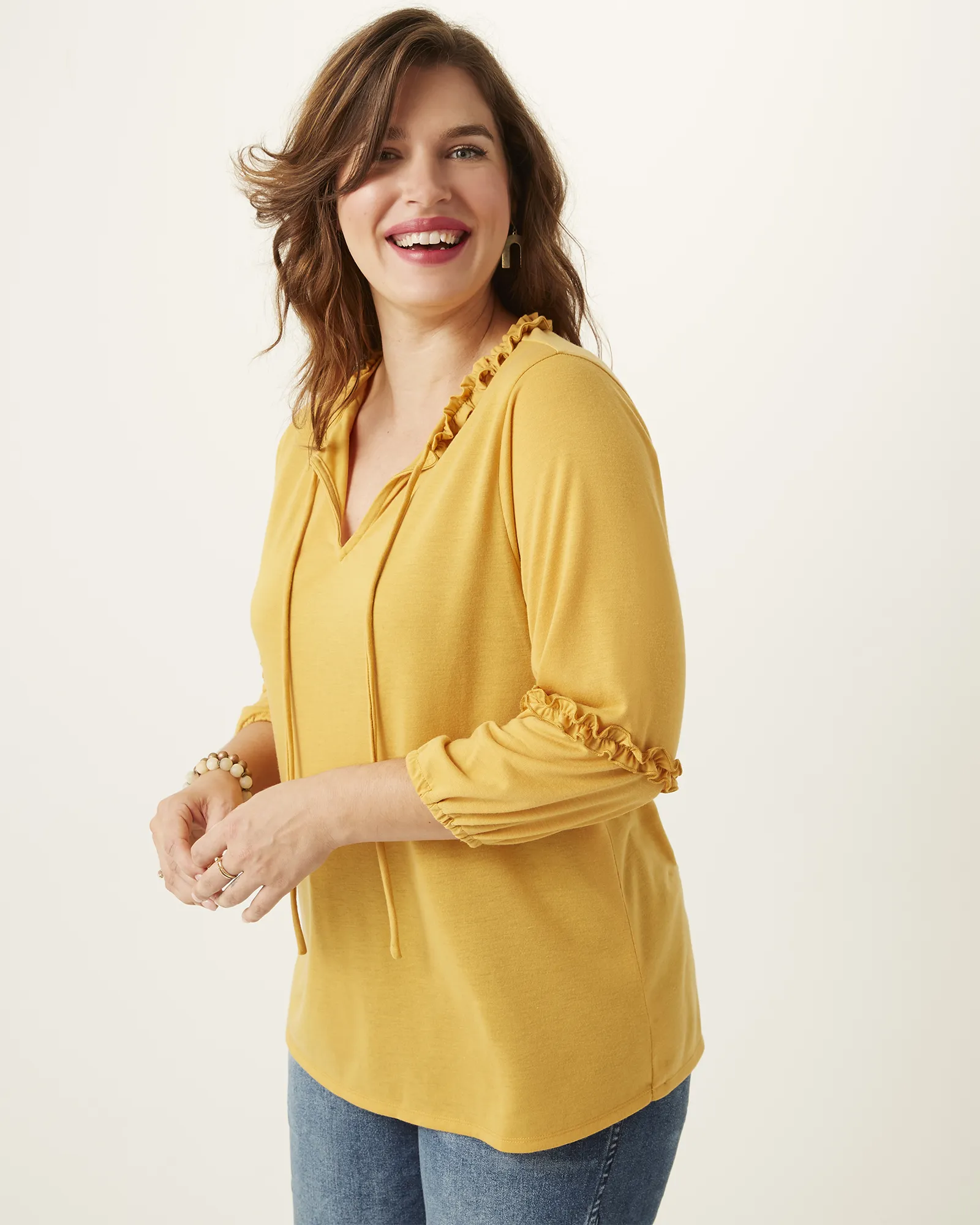 Pamela Drawstring Ruffle-Trim Tunic | Yellow