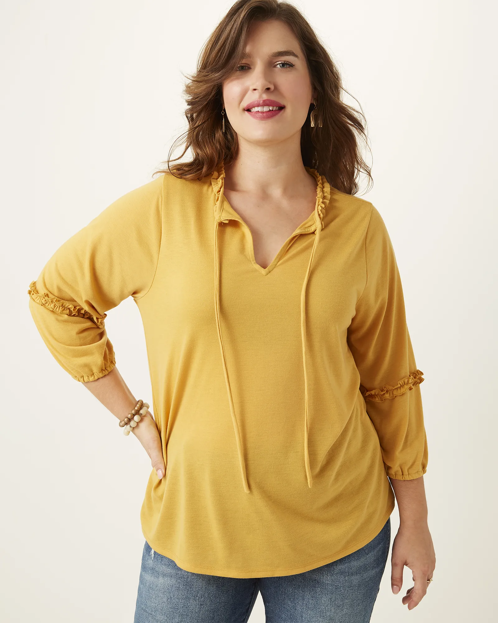 Pamela Drawstring Ruffle-Trim Tunic | Yellow