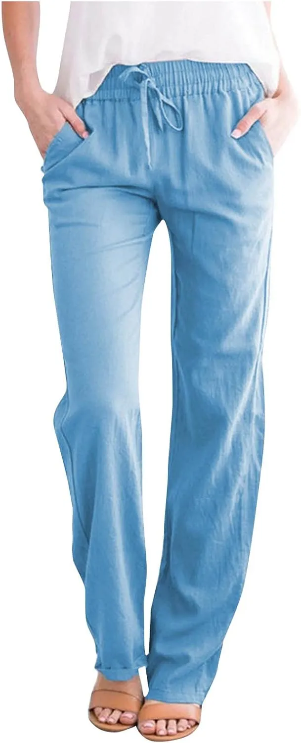 Pants for Women Casual Cotton Linen Pants Drawstring Elastic Waist Pants Soft Trousers with Pockets Straight Leg Pant