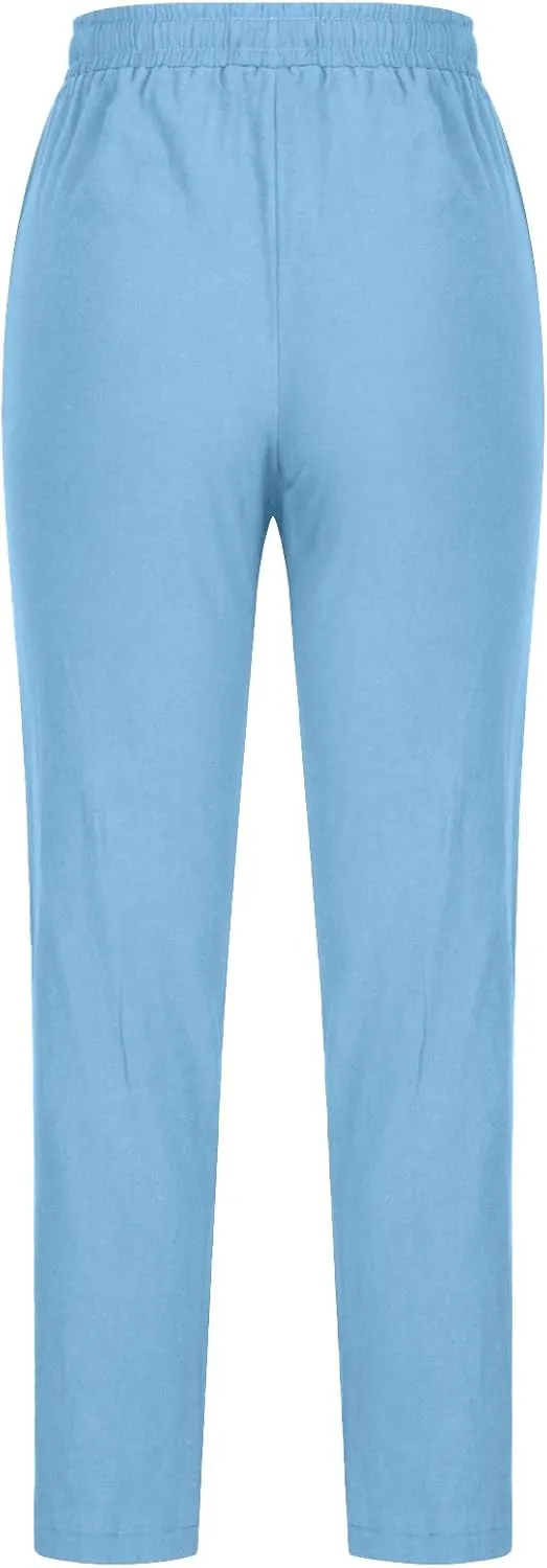 Pants for Women Casual Cotton Linen Pants Drawstring Elastic Waist Pants Soft Trousers with Pockets Straight Leg Pant