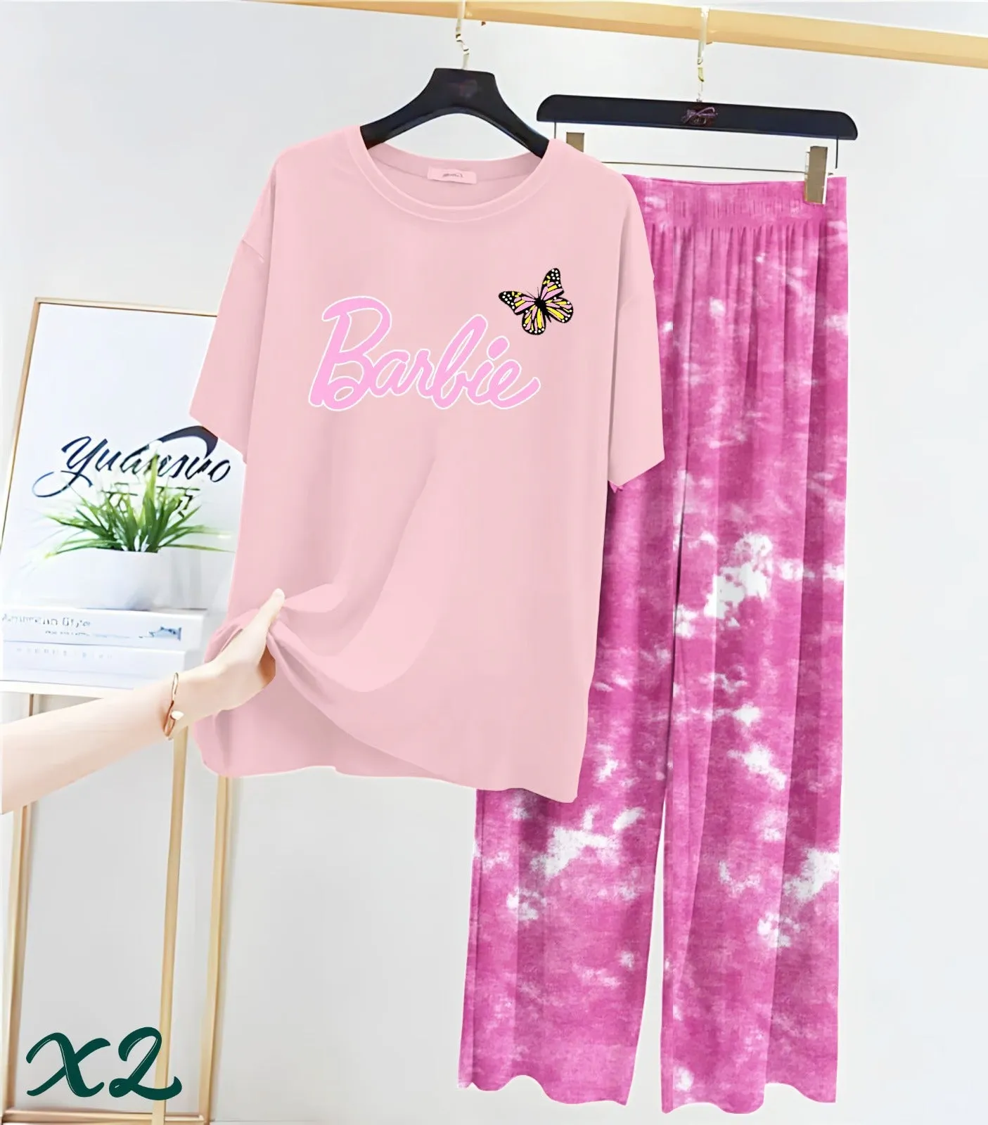 Pink Printed T Shirts and Tie and Die Printed Trouser